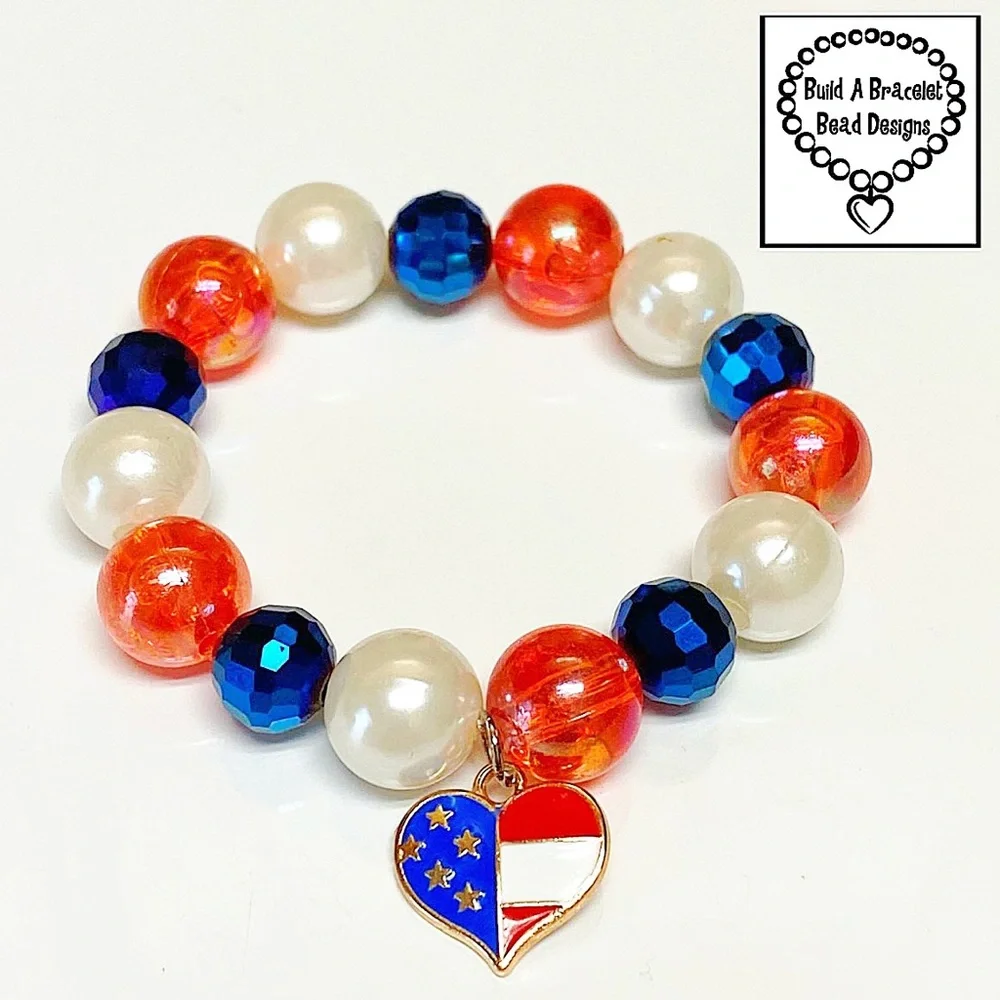 Handmade Girls Patriotic Heart Flag Bracelet Red White Blue Stretch America 250